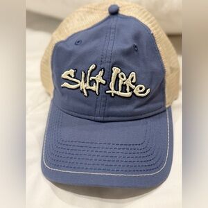 Salt Life Baseball Hat, Blue With Cream Netting and adjustable strap for sizing
